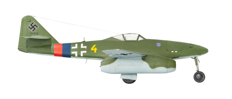 Starboard side view of Messerschmitt Me 262A-2a on a white background., (C) RAF Museum/Iain Duncan