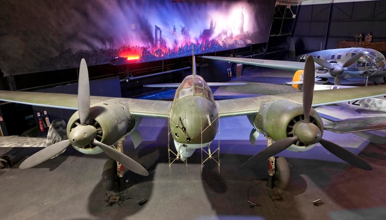 Twin-engined aircraft with propellers with light green underside and green camouflage top, © RAF Museum
