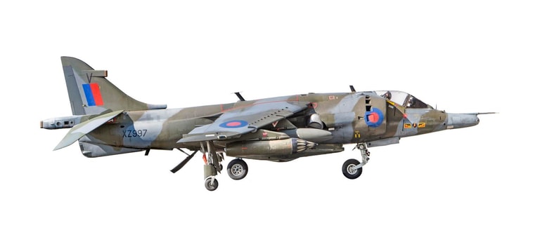 Starboard side view of a Harrier GR.3 on a white background., © RAF Museum