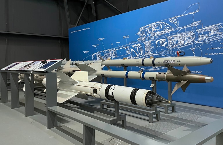 Photograph of a display of missiles
