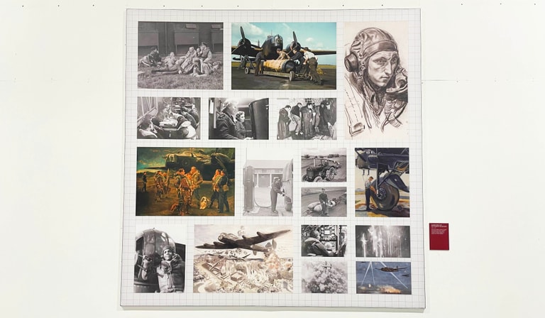 Photograph of a square wall graphic with a collage of 17 images of artworks and historical photographs.
